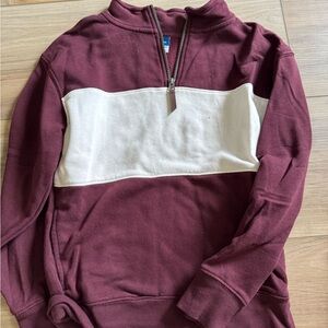 Burgundy and White Zip Up Sweater with Sporty Color Block